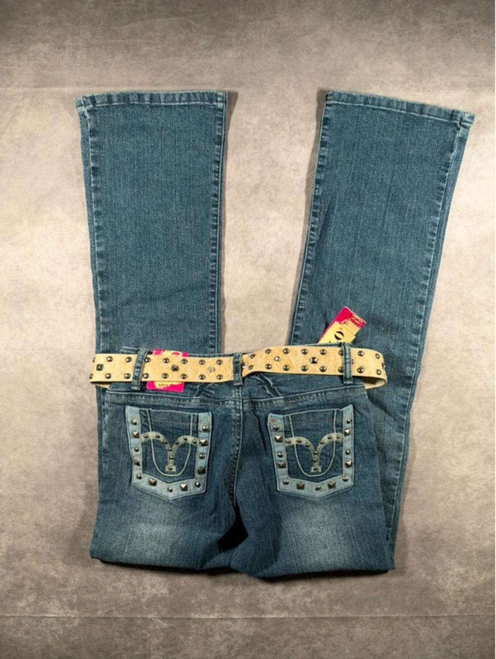 NWT Vintage Apollo Jeans Womens Y2K Studded Flare Jeans Belted 10